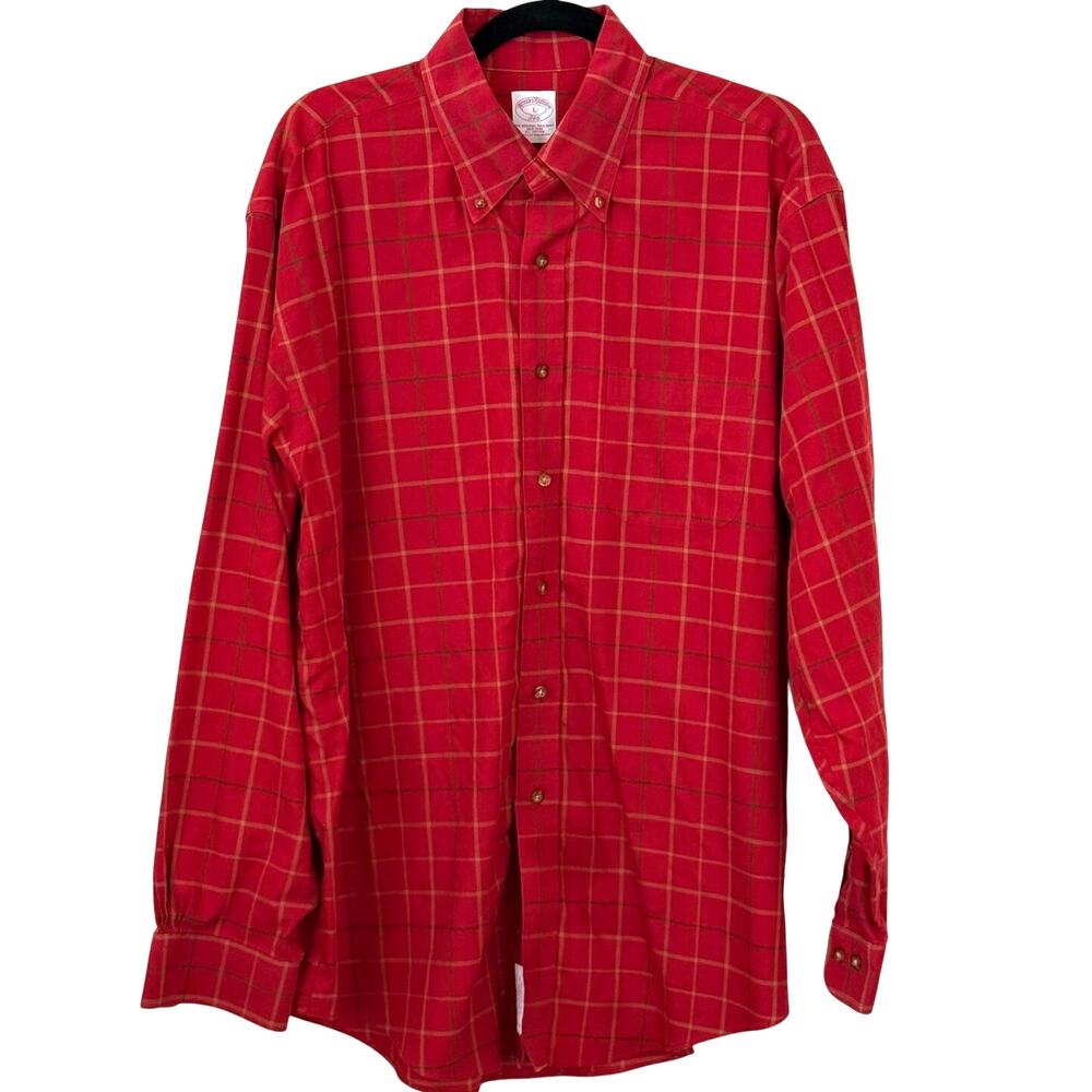 Brooks Brothers Red Plaid Original Polo Non Iron Button Up Shirt Large Casual